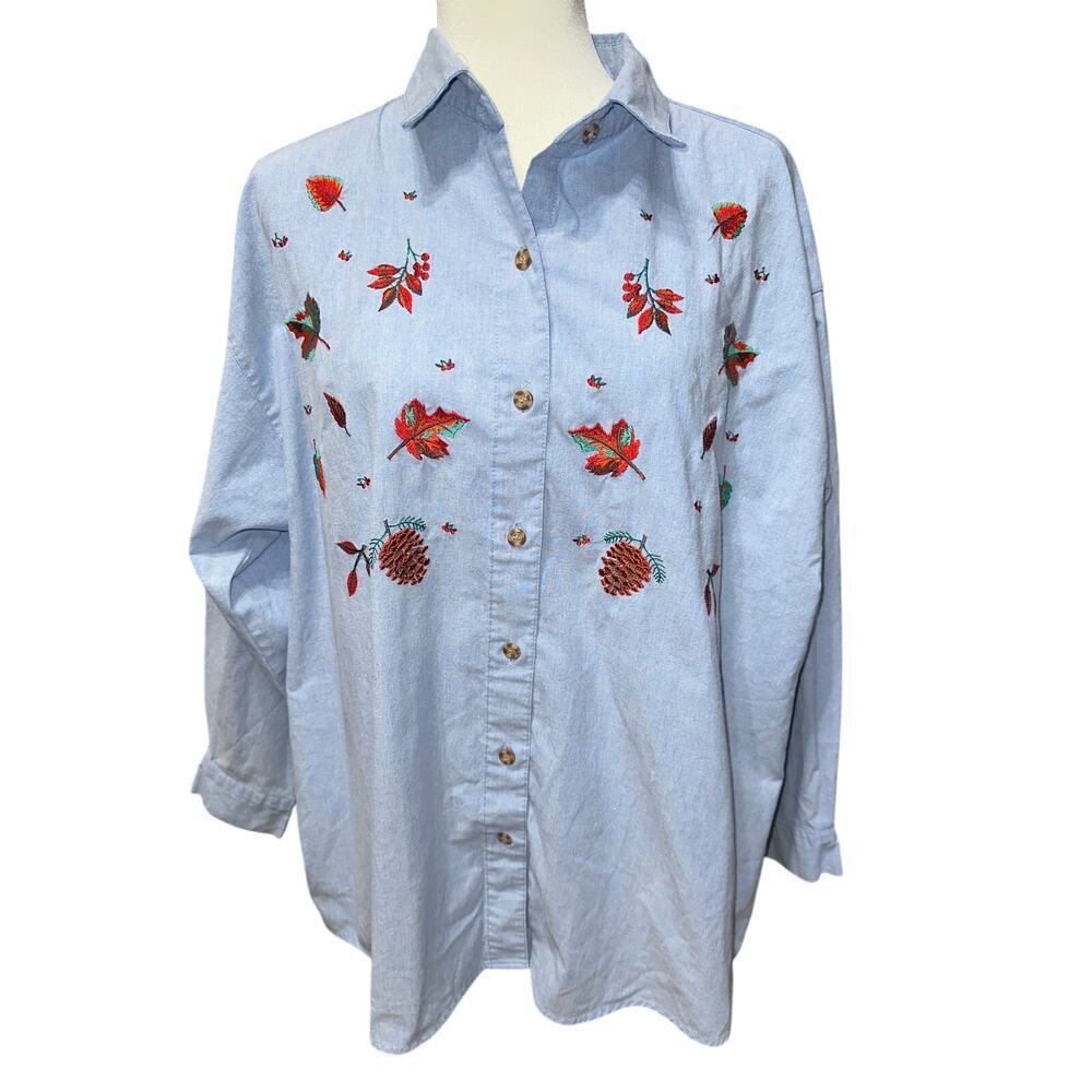 Mystic Blues Women’s Button Up Shirt Chambray Blue Fall Leaves Pinecones 20W